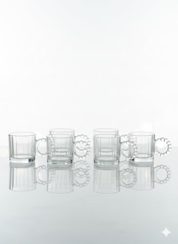 Generic Glass Coffee Mugs with Beaded Handles, Clear, Set of 6, Decorative Drinkware