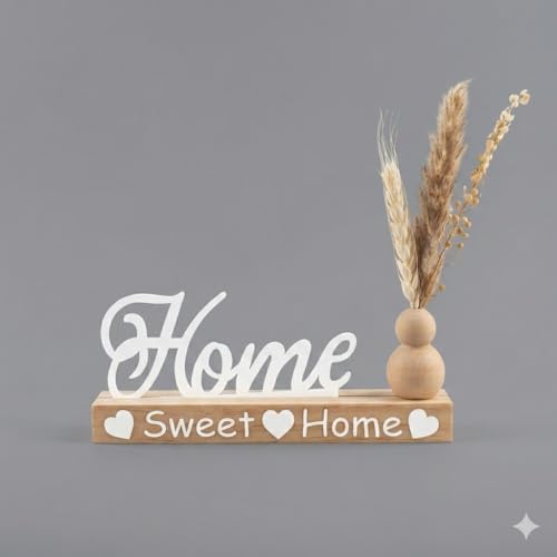 Home Sweet Home Wooden Sign Decor with Mini Vase and Dried Flowers, White Script Lettering, Natural Wood Material, Tabletop Display