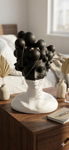 genric, Abstract Female Bust Sculpture, Black and White, Bubble Hair Design, Jewellery Holder, Home Décor