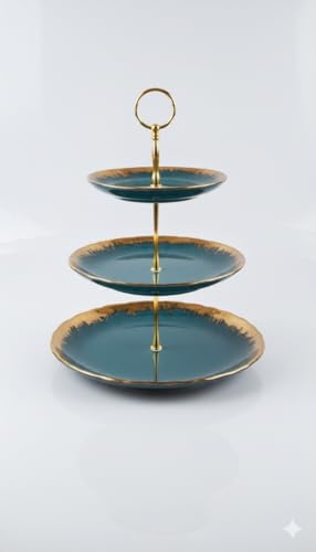 Generic, 3-Tier Cake Stand, emerald green Porcelain with Gold Trim, Decorative Scalloped Design, Dessert Display Tower for Sweets, Biscuits, 27126