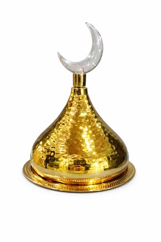 Generic, Decorative Gold Hammered Metal Serving Tray with Crescent Moon Topper, Islamic Ramadan Eid Table Decor