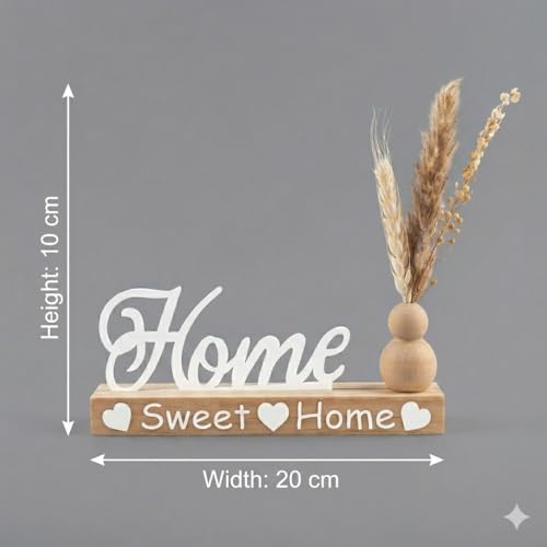 Home Sweet Home Wooden Sign Decor with Mini Vase and Dried Flowers, White Script Lettering, Natural Wood Material, Tabletop Display