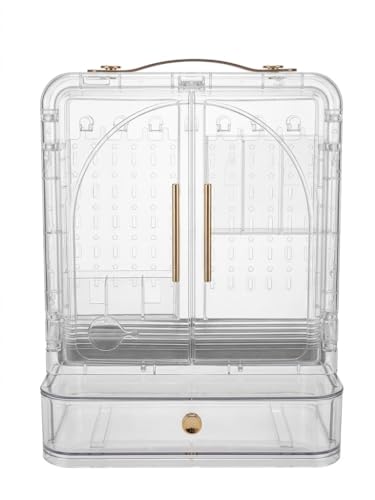 generic,Clear Jewellery Box and Organiser, Transparent Storage with Double Doors, Drawer, and Gold Handles