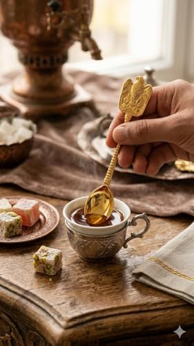 generic, A set of 6 spoons decorated with a golden eagle head, made of metal, with a total length of 9.5 cm and a decorative handle, for stirring tea and coffee.