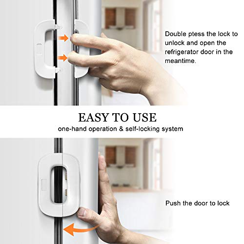 Refrigerator Lock, Upgrade Home Fridge Lock with Two Buttons, Toddler Baby Kids Safety Freezer Door Lock with Strong Adhesive, Refrigerator Locks for Children No Tools Need or Drillâ€¦ (White)
