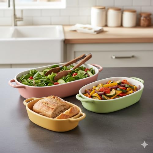 Generic Ceramic Casserole Dish Set, 3-Piece, Porcelain Bakeware with Handles, Multicolored (Red, Blue, Yellow), 27123