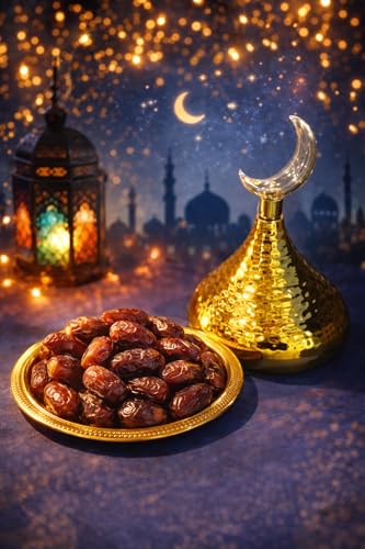 Generic, Decorative Gold Hammered Metal Serving Tray with Crescent Moon Topper, Islamic Ramadan Eid Table Decor