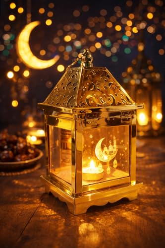 Generic Decorative Gold Metal Candle Holder Lantern with Islamic Moon and Mosque Design, Ramadan Eid Decor, Cutout Roof