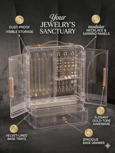 generic,Clear Jewellery Box and Organiser, Transparent Storage with Double Doors, Drawer, and Gold Handles