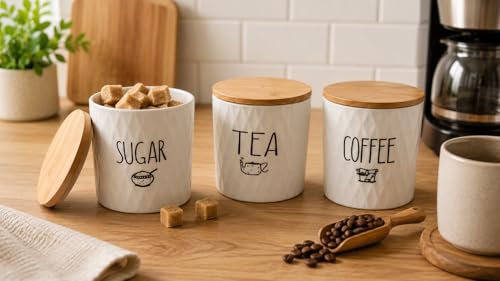 generic,Porcelain storage set for sugar, tea, and coffee, consisting of 3 pieces, in white with bamboo lids, for storing kitchen utensils.