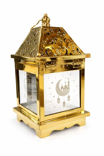 Generic Decorative Gold Metal Candle Holder Lantern with Islamic Moon and Mosque Design, Ramadan Eid Decor, Cutout Roof