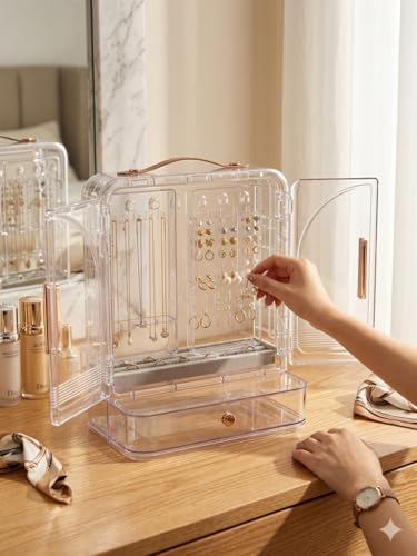 generic,Clear Jewellery Box and Organiser, Transparent Storage with Double Doors, Drawer, and Gold Handles