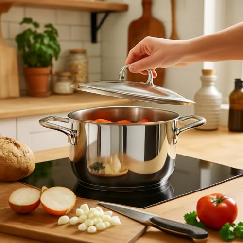 Generic Stainless Steel Cooking Pot with Lid, 18 cm Deep Pot with Dual Handles, Silver Finish