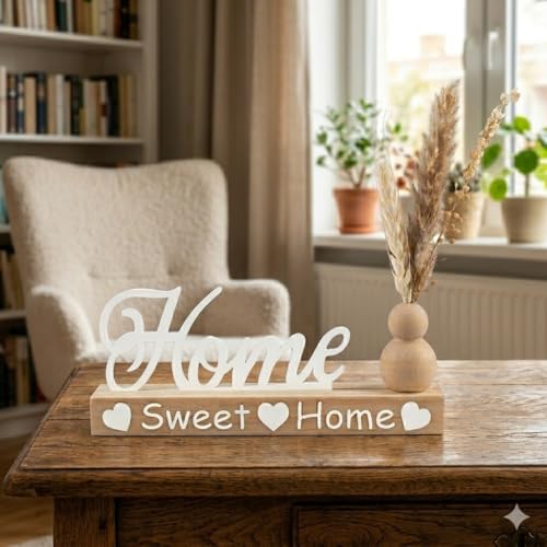 Home Sweet Home Wooden Sign Decor with Mini Vase and Dried Flowers, White Script Lettering, Natural Wood Material, Tabletop Display