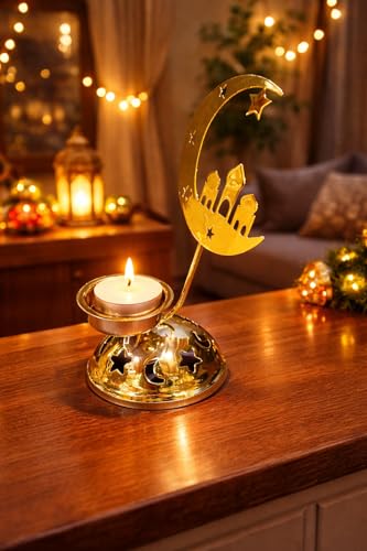 Geneirc Islamic Crescent Moon Tealight Candle Holder, Gold Metal Mosque Design with Star Cutout, Ramadan Eid Decor