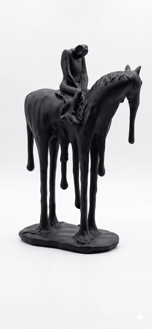Melting Horse and Rider Sculpture, Abstract Surrealist Figurine, Matte Black Resin, 28 cm x 17 cm, Modern Home Décor