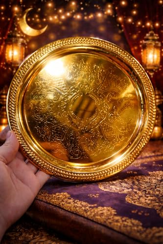 Generic, Decorative Gold Hammered Metal Serving Tray with Crescent Moon Topper, Islamic Ramadan Eid Table Decor