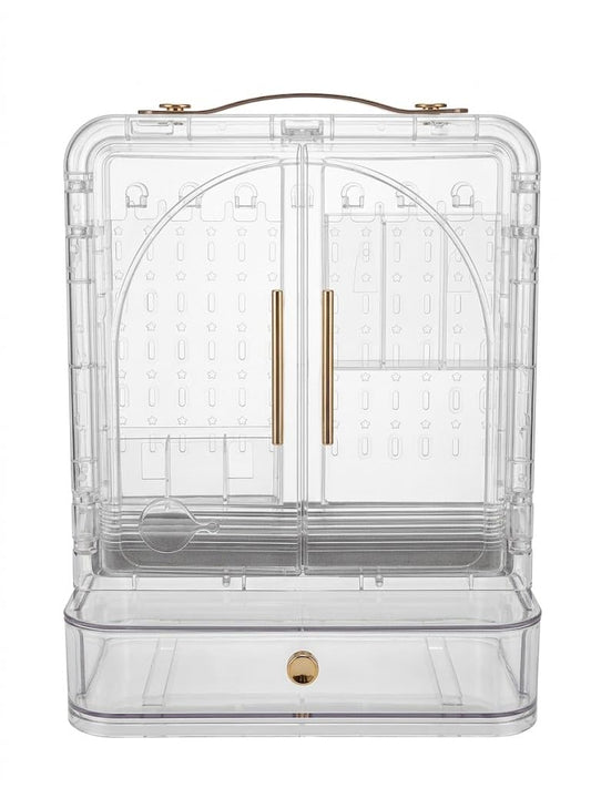 generic,Clear Jewellery Box and Organiser, Transparent Storage with Double Doors, Drawer, and Gold Handles