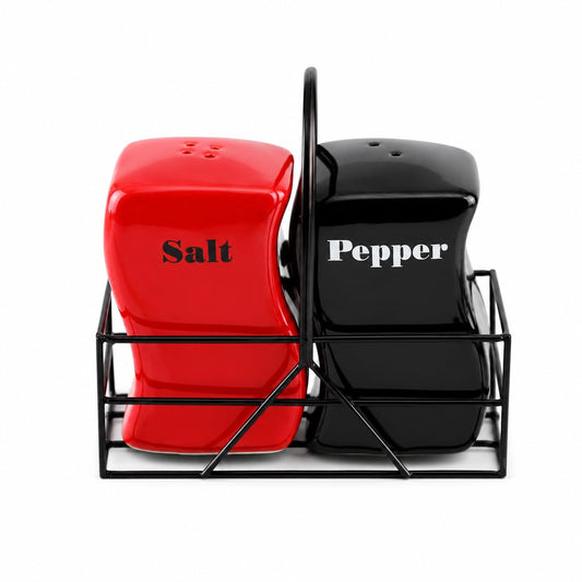 generic, Ceramic Salt and Pepper Shaker Set with Black Metal Holder, Red and Black, 14 cm