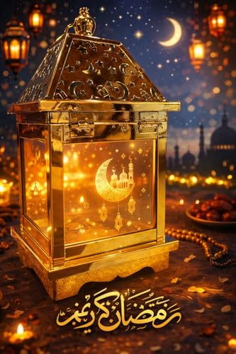 Generic Decorative Gold Metal Candle Holder Lantern with Islamic Moon and Mosque Design, Ramadan Eid Decor, Cutout Roof