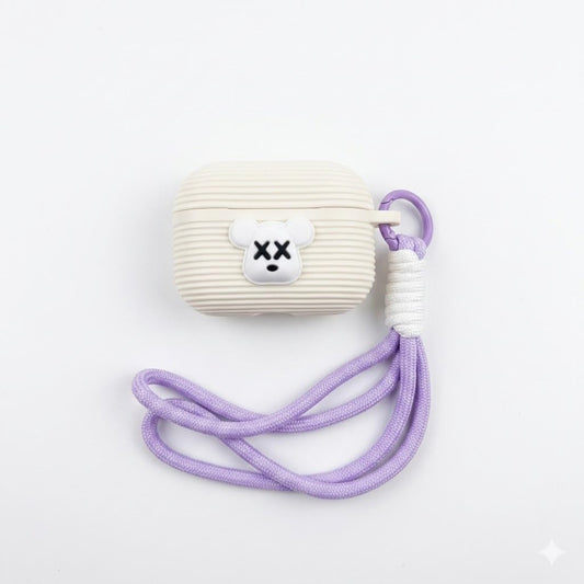 Cute Bear Silicone Case for AirPods Pro 2, Ribbed Texture, with Lanyard, Cream and Purple