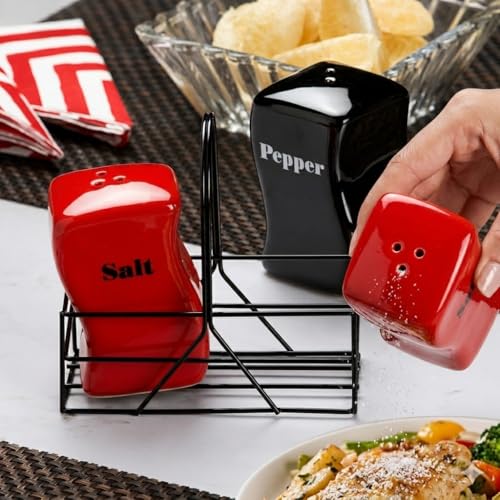 generic, Ceramic Salt and Pepper Shaker Set with Black Metal Holder, Red and Black, 14 cm