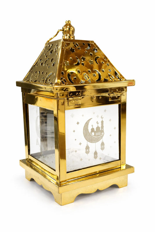 Generic Decorative Gold Metal Candle Holder Lantern with Islamic Moon and Mosque Design, Ramadan Eid Decor, Cutout Roof