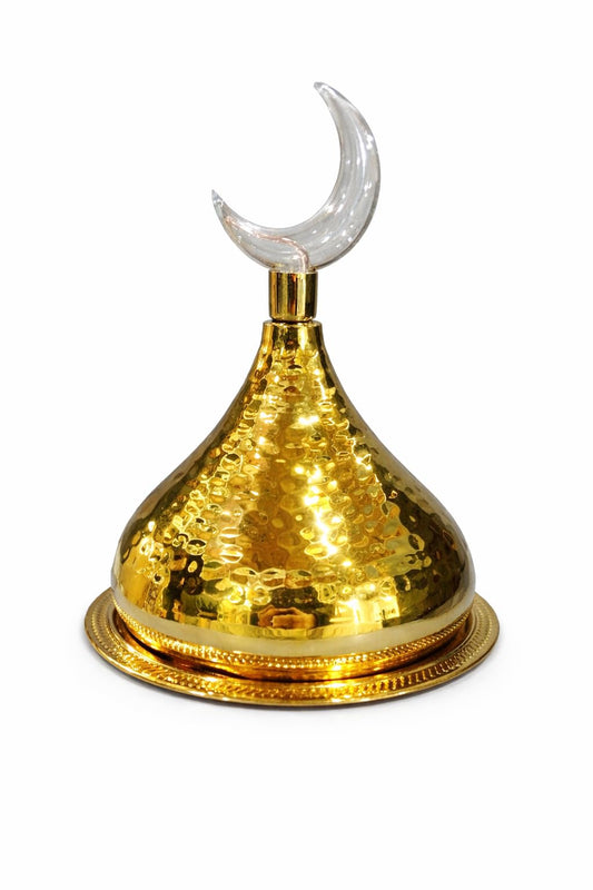 Generic, Decorative Gold Hammered Metal Serving Tray with Crescent Moon Topper, Islamic Ramadan Eid Table Decor